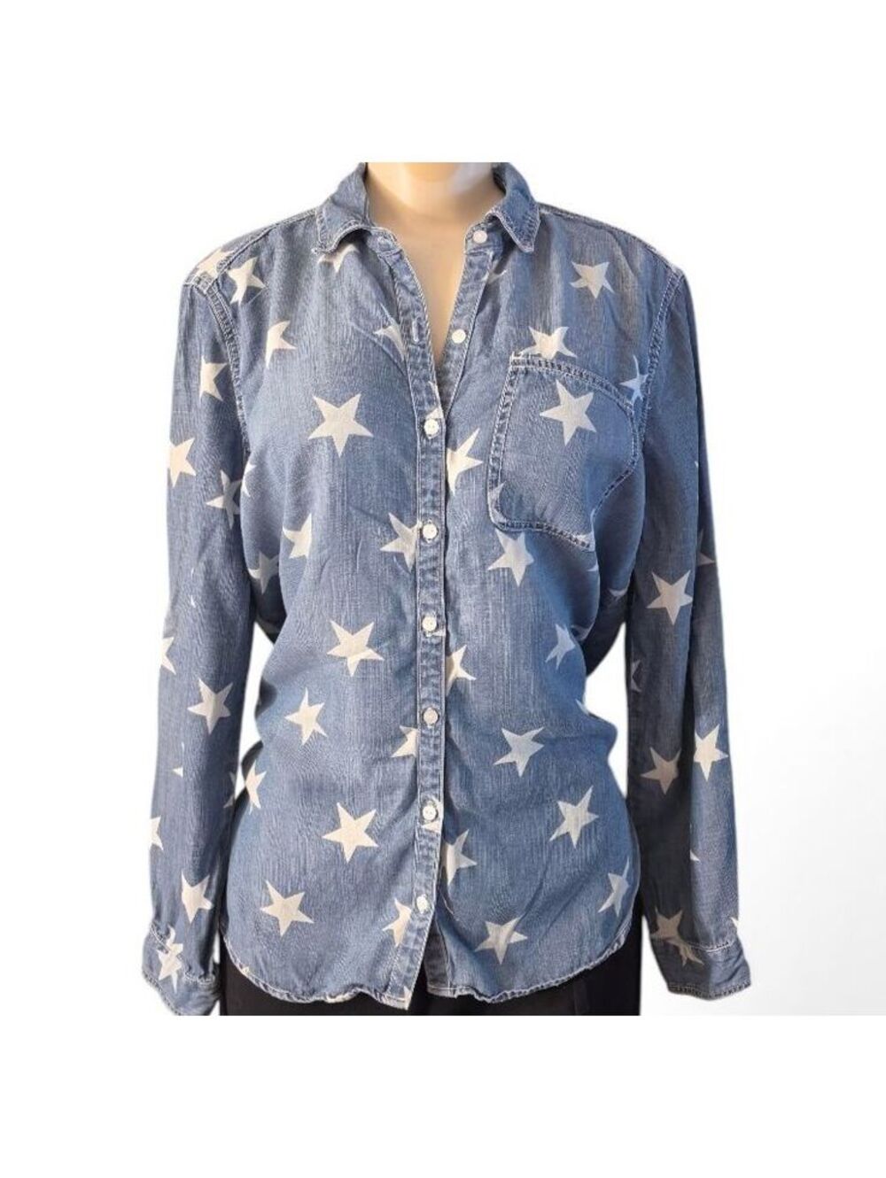 Sneak Peek Star Print Chambray Denim Button Down Shirt Blue White Women's M